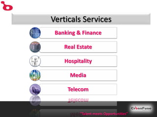 Verticals Services
 Banking & Finance

    Real Estate

    Hospitality

      Media

     Telecom


          “Talent meets Opportunities”
 