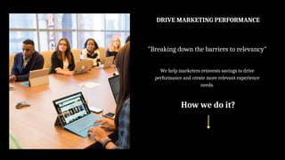 DRIVE MARKETING PERFORMANCE
"Breaking down the barriers to relevancy"
We help marketers reinvests savings to drive
perform...