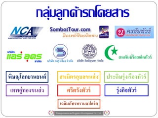 กลุมลูกค้ารถโดยสาร
              ่

                                                                                   สหพันธ์ ร้อยเอ็ดทัวร์
                  บริษท รถรุ่งเรือง จากัด บริษท กิตติสุนทร จากัด
                      ั                       ั



พิษณุโลกยานยนต์             สหมิตรอุบลขนส่ ง                                 ประดิษรุ่งเรืองทัวร์
เทพอู่ทองขนส่ ง                     ศรีตรังทัวร์                                  รุ่ งกิจทัวร์
                             เฉลิมภัทรทรานสปอร์ ต
                         Transportation and Logistics Development Co.,Ltd.
 