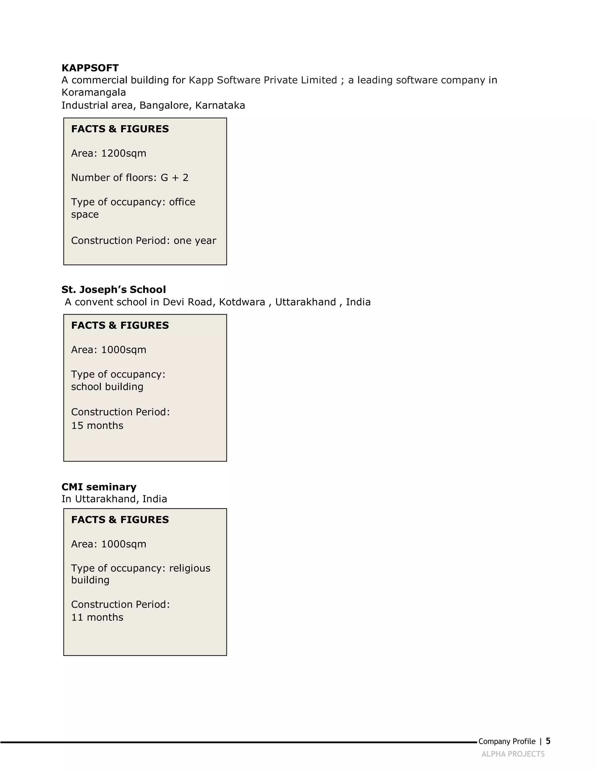 KAPPSOFT
A commercial building for Kapp Software Private Limited ; a leading software company in
Koramangala
Industrial area, Bangalore, Karnataka

 FACTS & FIGURES

 Area: 1200sqm

 Number of floors: G + 2

 Type of occupancy: office
 space

 Construction Period: one year




St. Joseph’s School
A convent school in Devi Road, Kotdwara , Uttarakhand , India

 FACTS & FIGURES

 Area: 1000sqm

 Type of occupancy:
 school building

 Construction Period:
 15 months




CMI seminary
In Uttarakhand, India

 FACTS & FIGURES

 Area: 1000sqm

 Type of occupancy: religious
 building

 Construction Period:
 11 months




                                                                                   Company Profile | 5
                                                                                   ALPHA PROJECTS
 