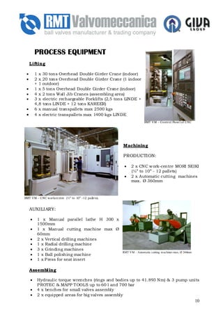 PROCESS EQUIPMENT
     Lifting

 •       1 x 30 tons Overhead Double Girder Crane (indoor)
 •       2 x 20 tons Overhead Double Girder Crane (1 indoor
         + 1 outdoor)
 •       1 x 5 tons Overhead Double Girder Crane (indoor)
 •       4 x 2 tons Wall Jib Cranes (assembling area)
 •       3 x electric rechargeable Forklifts (2,5 tons LINDE +
         4,8 tons LINDE + 12 tons KAREER)
 •       6 x manual transpallets max 2500 kgs
 •       4 x electric transpallets max 1400 kgs LINDE
                                                                    RMT VM - Control Pane l of CNC




                                                     Machining

                                                     PRODUCTION:

                                                      •   2 x CNC w ork-centre MORI SEIKI
                                                          (½” to 10” - 12 pallets)
                                                      •   2 x Automatic cutting machines
                                                          max. Ø 360mm



RMT VM - CNC workce ntre (½” to 10” -12 palle ts).


     AUXILIARY:

     •    1 x Manual parallel lathe H 300 x
          1500mm
     •    1 x Manual cutting machine max Ø
          60mm
     •    2 x Vertical drilling machines
     •    1 x Radial drilling machine
     •    3 x Grinding machines
                                                     RMT VM – Automatic cutting machines max. Ø 360mm
     •    1 x Ball polishing machine
     •    1 x P ress for seat insert

     Assembling

     •    Hydraulic torque wrenches (rings and bodies up to 41.893 Nm) & 3 pump units
          P ROTEC & MAPP T OOLS up to 60 l and 700 bar
     •    4 x benches for small valves assembly
     •    2 x equipped areas for big valves assembly
                                                                                                        10
 