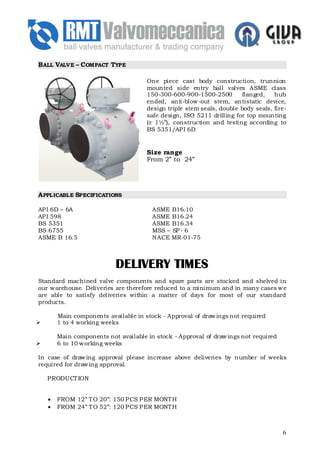 B ALL VALVE – COMPACT TYPE

                                     One piece cast body construction, trunnion
                                     mounted side entry ball valves ASME class
                                     150-300-600-900-1500-2500        flanged,    hub
                                     ended, anti-blow -out stem, antistatic device,
                                     design triple stem seals, double body seals, fire-
                                     safe design, ISO 5211 drilling for top mounting
                                     (≥ 1½”), construction and testing according to
                                     BS 5351/AP I 6D


                                     Size range
                                     From 2” to 24”




A PPLICABLE SPECIFICATIONS

AP I 6D – 6A                           ASME B16.10
AP I 598                               ASME B16.24
BS 5351                                ASME B16.34
BS 6755                                MSS – SP - 6
ASME B 16.5                            NACE MR-01-75



                          DELIVERY
                          DELIVERY TIMES
Standard machined valve components and spare parts are stocked and shelved in
our w arehouse. Deliveries are therefore reduced to a minimum and in many cases w e
are able to satisfy deliveries within a matter of days for most of our standard
products.

       Main components available in stock - Approval of draw ings not required
       1 to 4 working weeks

       Main components not available in stock - Approval of draw ings not required
       6 to 10 w orking weeks

In case of draw ing approval please increase above deliveries by number of weeks
required for draw ing approval.

   P RODUCT ION


   •   FROM 12” T O 20”: 150 P CS P ER MONT H
   •   FROM 24” T O 52”: 120 P CS P ER MONT H



                                                                                     6
 