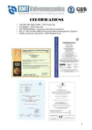 CERTIFICATIONS
              CERTIFICATIONS
-   UNI EN ISO 9001:2008 – TŐV Italia Srl
-   CE MARK – TŐV Italia Srl
-   API MONOGRAM – American Petroleum Institute
-   SIL 3 – IEC 61508:2000 Functional Safety Management System
-   ATEX certificate 94/9/CE – DNV Modulo Uno




                                                                 8
 