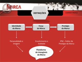 DEFINIÇÕES               COMPANY PROFILE




  Identidade          Força            Prestígio
   da Marca         da Marca           da Marca




Personalidade e    Envolvimento e    IPM – Índice de
    imagem            lealdade      Prestígio da Marca

                    Plataforma
                   de intangíveis
                     da Marca
 