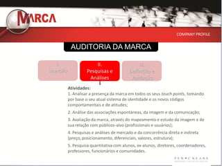 COMPANY PROFILE


           AUDITORIA DA MARCA

   I.                   II.                    III.
Imersão             Pesquisas e           Definição e
                     Análises              Validação
          Atividades:
          1. Analisar a presença da marca em todos os seus touch points, tomando
          por base o seu atual sistema de identidade e os novos códigos
          comportamentais e de atitudes;
          2. Análise das associações espontâneas, da imagem e da comunicação;
          3. Avaliação da marca, através do mapeamento e estudo da imagem e de
          sua relação com públicos-alvo (profissionais e usuários);
          4. Pesquisas e análises de mercado e da concorrência direta e indireta
          (preço, posicionamento, diferenciais, valores, estrutura);
          5. Pesquisa quantitativa com alunos, ex-alunos, diretores, coordenadores,
          professores, funcionários e comunidades.
 