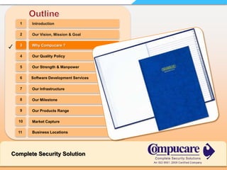 Outline1Introduction2Our Vision, Mission & Goal3✓Why Compucare ?4Our Quality Policy5Our Strength & ManpowerSoftware Development Services67Our Infrastructure8Our Milestone9Our Products Range10Market Capture11Business LocationsComplete Security Solution