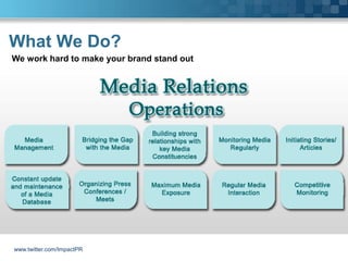 What We Do?
We work hard to make your brand stand out




www.twitter.com/ImpactPR
 