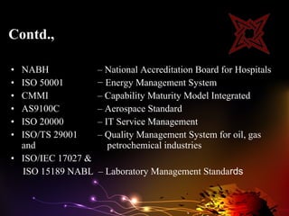 Contd.,

• NABH              – National Accreditation Board for Hospitals
• ISO 50001         − Energy Management System
• CMMI              – Capability Maturity Model Integrated
• AS9100C           – Aerospace Standard
• ISO 20000         – IT Service Management
• ISO/TS 29001      – Quality Management System for oil, gas
  and                  petrochemical industries
• ISO/IEC 17027 &
  ISO 15189 NABL    – Laboratory Management Standards
 