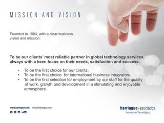 Founded in 1994, with a clear business
vision and mission:
To be our clients’ most reliable partner in global technology services,
always with a keen focus on their needs, satisfaction and success.
•
•
•
To be the first choice for our clients.
To be the first choice for international business integrators.
To be the first selection for employment by our staff for the quality
of work, growth and development in a stimulating and enjoyable
atmosphere.