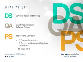 Software Design and Develop
Quality Assurance and
Software Testing
Professional Service in:
•
IT Process Outsourcing
•
IT Support and Integrated Solutions
Deployment
•
IT Talent (HR)