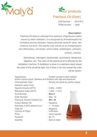 our products
Patchouli Oil (Dark)
CAS Number

: 8014-09-3

FEMA Number

5

: 2838

Description
Patchouli Oil (dark) is extracted from patchouli (Pogostemon cablin)
leaves by steam distillation. It is recognized by Aromatherapists for
combating nervous disorders, helping eliminate dandruff, sores, skin
irritations and acne. The specific uses include as an antidepressant,
anti-inflammatory, anti-emetic, antimicrobial, antiphlogistic, antiseptic,
antitoxic, antiviral,

Aphrodisiac, astringent, bactericidal, carminative, deodorant,
digestive, etc. The color of the patchouli oil is affected by the
distillation machine. If distillation is done in a stainless steel vessel
the color of the oil will be light, but if done in an iron vessel the color
will be darker.

4

Appearance
: Golden orange to dark reddish
brown viscous liquid. Darkens and thickens with age and exposure.
Characteristic Odor
: Woody old wood dry earthy weedy
balsamic spicy minty
Specific Gravity (20⁰C)
: 0.943 – 0.983
Refractive Index (20⁰C)
: 1.504 – 1.514
Acid Number
: Max.5
Ester Number
: Max. 10
Patchouli Alcohol Content (%)
: Min. 30
Gurjun Balsam Oil
: Negative
Solubility in 90% ethanol (v/v)
: 1 : 10 clear
Fatty Oil
: Negative
Country of Origin
: Indonesia
Price
: Upon request
Payment
: By TT
Quantity
: Bulk or retail

4

 