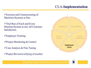 Engineering Consultant & Contractors
CLA-Implementation
13
Consulting
Project
Management
Implement
-ation
Service
Support
Analysis
Erection and Commissioning of
Machines/Systems at Site.
Trial Run of Each and Every
Machine/System at site, till Customer
Satisfaction.
Employee Training
Project Monitoring & Control
Case Analysis & Fine Tuning
Project Review(verifying of results)
 
