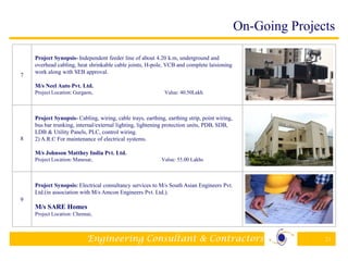 Engineering Consultant & Contractors 21
7
Project Synopsis- Independent feeder line of about 4.20 k.m, underground and
overhead cabling, heat shrinkable cable joints, H-pole, VCB and complete laisioning
work along with SEB approval.
M/s Neel Auto Pvt. Ltd.
Project Location: Gurgaon, Value: 40.50Lakh
8
Project Synopsis- Cabling, wiring, cable trays, earthing, earthing strip, point wiring,
bus bar trunking, internal/external lighting, lightening protection units, PDB, SDB,
LDB & Utility Panels, PLC, control wiring.
2) A.R.C For maintenance of electrical systems.
M/s Johnson Matthey India Pvt. Ltd.
Project Location: Manesar, Value: 55.00 Lakhs
9
Project Synopsis: Electrical consultancy services to M/s South Asian Engineers Pvt.
Ltd.(in association with M/s Amcon Engineers Pvt. Ltd.).
M/s SARE Homes
Project Location: Chennai,
On-Going Projects
 