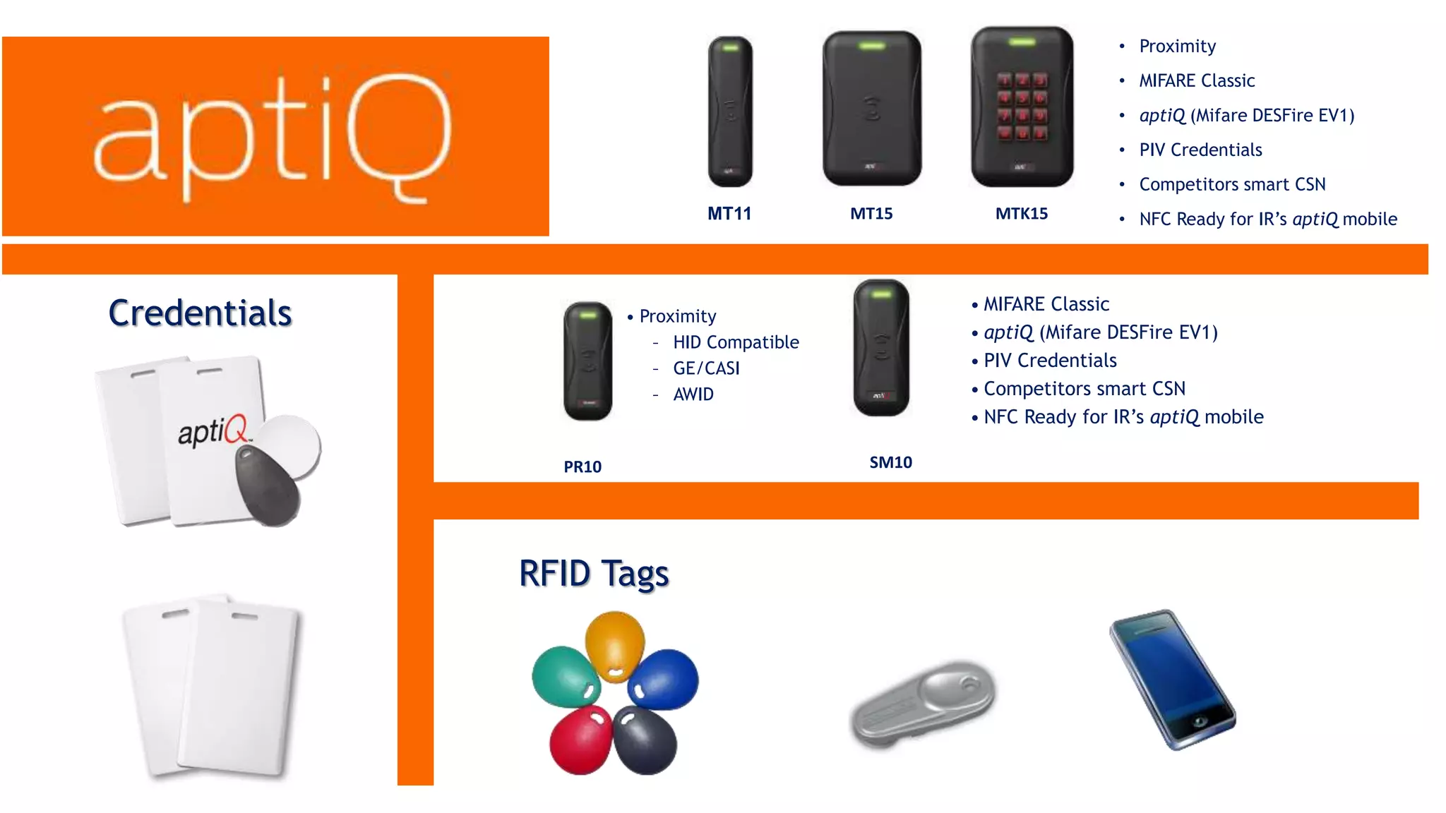 MT11 MT15 MTK15
SM10PR10
• MIFARE Classic
• aptiQ (Mifare DESFire EV1)
• PIV Credentials
• Competitors smart CSN
• NFC Ready for IR’s aptiQ mobile
• Proximity
– HID Compatible
– GE/CASI
– AWID
• Proximity
• MIFARE Classic
• aptiQ (Mifare DESFire EV1)
• PIV Credentials
• Competitors smart CSN
• NFC Ready for IR’s aptiQ mobile
Credentials
RFID Tags
 
