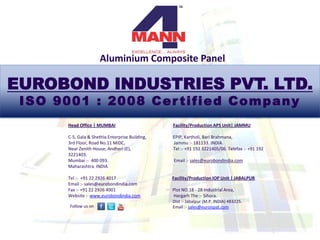 Welcome to Eurobond Industries
Aluminum Composite Panel
A very exclusive and most diversified range of aluminum
panel sheet manufactured using the latest state-of-the-art
German technology. Eurobond is available in a wide variety,
namely, Platinum, Pearl, Ruby, Silver, Diamond, Emerald,
Mirror, Stainless Steel, Crystal & also Customize. The APS’s
are available in attractive & unique colors; they lend aesthetic
appeal to the interiors and exteriors of buildings, besides
giving them a longer life.
 