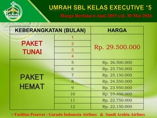 KEBERANGKATAN (BULAN) HARGA
PAKET
TUNAI
1
Rp. 29.500.000
2
3
4
PAKET
HEMAT
5 Rp. 26.500.000
6 Rp. 25.750.000
7 Rp. 25.150.000
8 Rp. 24.550.000
9 Rp. 23.950.000
10 Rp. 23.350.000
11 Rp. 22.750.000
12 Rp. 22.150.000
- Fasilitas Pesawat : Garuda Indonesia Airlines & Saudi Arabia Airlines
Harga Berlaku 6 Juni 2015 s/d. 30 Mei 2016
 