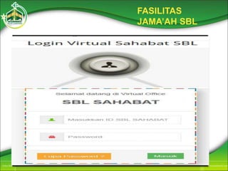 FASILITAS
JAMA’AH SBL
Jamaah Laki-laki Jamaah Perempuan
Rekening Virtual Account Bank Mandiri
( Tabungan Umrah Jama’ah )
ID JAMA’AH (Komunitas Sahabat SBL)
Virtual Account Office (Mini Web Portal)
 