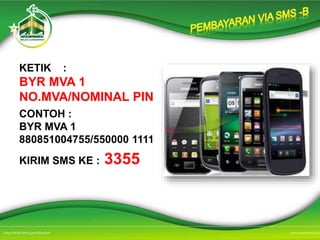 KETIK :
BYR MVA 1
NO.MVA/NOMINAL PIN
CONTOH :
BYR MVA 1
880851004755/550000 1111
KIRIM SMS KE : 3355
 