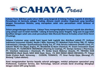 Cahaya Trans didirikan pada tahun 2004, yang bergerak di bidang Trading. Logistik di distribusi.
Perusahaan ini bermula sebagai Trading, dimana masih struktur Organisasi yang berafliasi
dengan Perusahaan Retailer, yang merupakan salah satu perusahaan retail terbesar di
Indonesia.
Dalam pengembangan bisnisnya, Cahaya Trans mengembangkan konsep Logistik dan distribusi,
yang sampai saat ini telah memiliki Cabang di Semarang (Jawa Tengah). Yang saat ini juga telah
berafliasi dengan salah satu anak perusahaan Sido Muncul( Muncul Armada) untuk Divisi Darat
(Trucking).
Adapun Customer yang sudah kami layani baik Logistik dan distribusi adalah PT. Unilever
Indonesia (consumer Goods), Nestle ( Milo, Dancow), PT. Matahari Putra Prima TBK, PT. Aditex
Cakrawiyasa ( Kompor QuantumGroup Orang Tua, PT. Pink Service Indonesia (Health Care), PT.
Industri Multi Fan (Kipas Angin), PT. Worldwide & Resin Chemical, Pt. Green Innovation Sejati
(Chemical), PT. FLOWCRETE INDONESIA (Flooring & Coating), PT. Dempo Sentosa ( Pharmacy),
PT. Visichem Indonesia ( Chemical), PT. Simba Snack Makmur (Snack), PT. TRITANU HUB
INDONESIA (Rack Steel), SAVE MAX Dept. Store, CV. KOJI INDAH ABADI (NEVADA), PT. Trijaya
Sindo (Cutton Bud). Semarang : CUSSON, TEXMACO, PT. Sinar Pantja Djaja, (Benang), PT.
Bintang 7 (obat-obatan).
Kami mengutamakan Service kepada seluruh pelanggan, melalui pelayanan operasinal yang
Profesional, Customer Service, dan Technology. Seluruh armada darat (trucking) dilengkapi
dengan sistem GPS yang handal.
 