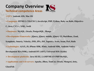 Company Overview
Technical competence Areas
OS’s: Android, iOS, Mac OS
Languages: HTML5, CSS/CSS 3, JavaScript, PHP, Python, Ruby on Rails, Objective-
C, Java, C/C++, XML, Swift
Databases: MySQL, Oracle, PostgreSQL, Mongo
Development frameworks: jQuery, jQuery mobile, jQuery UI, BackBone, Zend,
Symphony, Smarty, Velocity, JMS, JPA, JSF, Tapestry, Scala, Seam, Perl, Rails
Technologies: AJAX, JS, iPhone SDK, IOnic, Android SDK, Android Native
Development Kit (NDK), Android DT (ADT), Universal IOS (Xcode)
 Development platforms: Java SE/EE, LAMP/MEAN PHP/MySQL,
Applications and web servers: Apache, JBoss, TomCat, Oracle, Mongrel, Jetty,
GlassFish
 