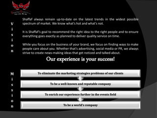 Shaffaf always remain up-to-date on the latest trends in the widest possible
spectrum of market. We know what's hot and what's not.
It is Shaffaf’s goal to recommend the right idea to the right people and to ensure
everything goes exactly as planned to deliver quality service on time.
While you focus on the business of your brand, we focus on finding ways to make
people care about you. Whether that's advertising, social media or PR, we always
strive to create news-making ideas that get noticed and talked about.
Our experience is your success!
To be a world’s company
To enrich our experience further in the events field
To be a well-known and reputable company
To eliminate the marketing strategies problems of our clients
V
i
s
i
o
n
M
i
s
s
i
o
n
 