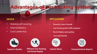 Advantages of our tracking system
DEVICE APPLICATION
• Powerful,User-Friendly
• LiveTracking withTraffic Updates
• Route Replay upto 90days
• Accurate Results
• Waterproof Covering
• Internal Battery
• Cost Leadership
Superior Quality Efficient Live Tracking
and Route Replay
Instant Alerts Comprehensive Reports
 