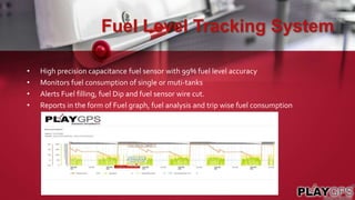 Fuel Level Tracking System
• High precision capacitance fuel sensor with 99% fuel level accuracy
• Monitors fuel consumption of single or muti-tanks
• Alerts Fuel filling, fuel Dip and fuel sensor wire cut.
• Reports in the form of Fuel graph, fuel analysis and trip wise fuel consumption
 