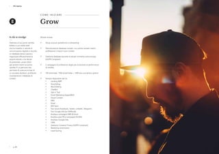 p. 20 p. 21
ESC Agency ESC Agency
C O M E I N I Z I A R E 
Grow
A chi si rivolge
Dedicato al tuo punto vendita.
Adatto a una realtà retail
che ha investito in attività di
comunicazione digitale e raccolto
un database senza riuscire a
organizzare efficacemente le
proprie attività, e ha deciso
di potenziare i propri sforzi
per portare clienti sul punto
vendita. È un percorso che
permette di costruire le basi di
un successo duraturo, profilando
correttamente il database di
contatti.
Attività incluse:
NN Setup account piattaforma e onboarding
NN Ristrutturazione database contatti, con pulizia contatti inattivi,
profilazione e import nuovi contatti
NN Gestione database secondo le attuali normative sulla provacy
(GDPR Compliant)
NN 2 campagne di profilazione target per aumentare le performance
di vendita
NN 100 sms/mese, 1500 email/mese + 1200 sms una tantum gratuiti
NN Sempre disponibile per te:
LL Landing AMP
LL StoryTelling
LL MovieTelling
LL ChatBot
LL Opt-in Tool
LL Email Marketing (UpperMail)
LL Social Content
LL SMS
LL Email
LL Wifi Spot
LL Tool social (Facebook, Twitter, LinkedIn, Telegram)
LL Tool Google Ads (ex AdWords)
LL Analitycs campagne SMS & Email
LL Analitics post FB e campagne FB ADS
LL Analitycs Google Ads
LL CRM
LL Gestione Consensi Privacy (GDPR Compliant)
LL Marketing Automation
LL Lead Scoring
p. 20
ESC Agency
 