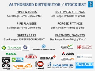 Authorised Distributor / Stockiest
PIPES &TUBES
Size Range: ½”NB Up to 48”NB
PIPE FLANGES
Size Range: ½”NB Up to 68”NB
SHEET / BARS
Size Range: - AS PER REQUIREMENT
BUTTWELD FITTINGS
Size Range: ½”NB Up to 36”NB
FORGED FITTINGS
Size Range: ¼””NB Up to 4”NB
FASTNERS / GASKETS
Size Range: M10 – M64 | 3/8” – 2”
 