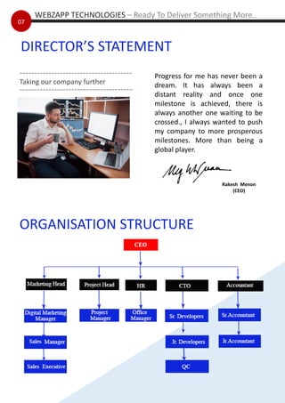 07
Taking our company further
ORGANISATION STRUCTURE
Progress for me has never been a
dream. It has always been a
distant reality and once one
milestone is achieved, there is
always another one waiting to be
crossed., I always wanted to push
my company to more prosperous
milestones. More than being a
global player.
DIRECTOR’S STATEMENT
Rakesh Menon
(CEO)
WEBZAPP TECHNOLOGIES – Ready To Deliver Something More..
07
 