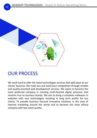 03
OUR PROCESS
We work hard to offer the latest technologies services that add value to our
clients’ business. We make you out-stand your competition through reliable
and quality-oriented web development services. We aspire to become the
most preferred company in creating multi-faceted digital presence that
remains true to business brands. We aim to bring a complete makeover in
websites with new technologies resulting in long term profits for our
clients. To provide business focused innovative solutions in the area of
internet marketing around the world and to become the most ethical
company with top notch quality.
WEBZAPP TECHNOLOGIES – Ready To Deliver Something More…
 