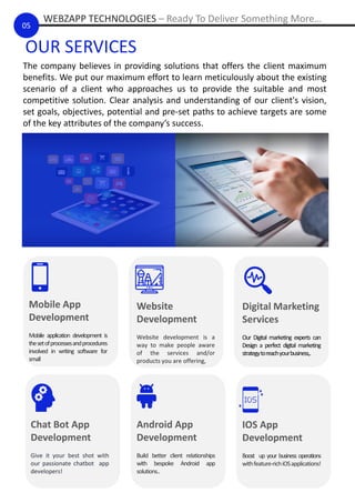 05
OUR SERVICES
The company believes in providing solutions that offers the client maximum
benefits. We put our maximum effort to learn meticulously about the existing
scenario of a client who approaches us to provide the suitable and most
competitive solution. Clear analysis and understanding of our client's vision,
set goals, objectives, potential and pre-set paths to achieve targets are some
of the key attributes of the company’s success.
Mobile App
Development
Mobile application development is
thesetofprocessesandprocedures
involved in writing software for
small
Website
Development
Website development is a
way to make people aware
of the services and/or
products you are offering,
Digital Marketing
Services
Our Digital marketing experts can
Design a perfect digital marketing
strategytoreachyourbusiness,.
Chat Bot App
Development
Give it your best shot with
our passionate chatbot app
developers!
Android App
Development
Build better client relationships
with bespoke Android app
solutions..
IOS App
Development
Boost up your business operations
withfeature-richiOSapplications!
WEBZAPP TECHNOLOGIES – Ready To Deliver Something More…
 