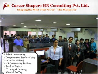 Career Shapers HR Consulting Pvt. Ltd.
             Shaping the Most Vital Power – The Manpower




•   Talent Landscaping
•   Compensation Benchmarking
•   India Entry Hiring
•   HR Outsourcing Services
•   Turnkey Projects
•    Training & Learning
•    General Staffing
 