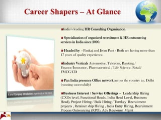 Career Shapers – At Glance

          India’s leading HR Consulting Organization.

           Specialization of organized recruitment & HR outsourcing
         services in India since 2000.

           Headed by - Pankaj and Jivan Pant - Both are having more than
         17 years of quality experience.

           Industry Verticals Automotive, Telecom, Banking /
         Finance/Insurance, Pharmaceutical / Life Science, Retail/
         FMCG/CD

            Pan India presence Office network across the country i.e. Delhi
         (running successfully)

           Business Interest / Service Offerings – Leadership Hiring
         (CXOs level, Functional Heads, India Head Level, Business
         Head), Project Hiring / Bulk Hiring / Turnkey Recruitment
         projects , Retainer ship Hiring , India Entry Hiring, Recruitment
         Process Outsourcing (RPO), Adv Response Mgmt
 