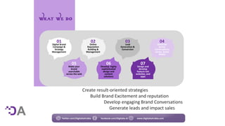 01
Digital Brand
Campaign &
Strategy
Management
02
Online
Reputation
Building &
Management
03
Lead
Generation &
Conversion
04
Generate
brand
conversations
across Social
Media
05
Make your
brand
searchable
across the web
06
Develop highly
sophisticated
design and
content
solutions
07
Design and
develop
feature rich
websites, and
apps
Create result-oriented strategies
Build Brand Excitement and reputation
Develop engaging Brand Conversations
Generate leads and impact sales
Twitter.com/DigitaliaArabia facebook.com/Digitalia.Ar www.DigitaliaArabia.com
 