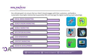 Our ultimate goal is to ensure that our client’s brand engages with their customers, and builds a
sustainable meaningful relationship to guarantee ROI and leverage the digital marketing reach advantage.
SOCIAL MEDIA MARKETING
SEARCH ENGINE MARKETING
MOBILE MARKETING
REPUTATION BUILDING
LEAD GENERATION
CONTENT MARKETING
DESIGN & DEVELOPMENT
Twitter.com/DigitaliaArabia facebook.com/Digitalia.Ar www.DigitaliaArabia.com
 