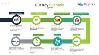 17
As one of the top professional
services firms, PwC India is
committed to delivering quality in
advisory, tax and regulatory
services in India.
EY is one of the largest
professional services firms in the
world and is one of the "Big Four"
accounting firms.
Aditya Birla Group is a premium
global conglomerate,
headquartered in Worli, Mumbai,
India. It is in the League of
Fortune 500.
The BK Birla and Aditya Birla
groups control
cement businesses of UltraTech,
Century Textiles, Kesoram, and
Mangalam Cement.
Lexmark creates innovative
imaging solutions and technologies
that help customers worldwide print,
secure and manage information with
ease
Titan Company Limited is an
Indian consumer goods company.
It is a joint venture between the
Tata Group and Surendra Prasad
Baskaran
HP India's official store for
Laptops, Desktops, Tablets,
Monitors, Printers, Inks & Toners,
Workstations, and Accessories!
Learn more here.
Walmart Inc is an American
multinational retail corporation that
operates a chain of hypermarkets,
discount department stores, and
grocery stores.
Aditya Birla Group Of Companies B.K Birla Group Of Companies
Lexmark India Titan Hewlet Packard Walmart
Our Key ClienteleDygitech
PricewaterhouseCoopers Ernst & Young
 