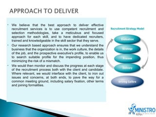    We believe that the best approach to deliver effective
    recruitment services is to use competent recruitment and
    selection methodologies, take a meticulous and focused
    approach for each skill, and to have dedicated recruiters,
    trained and knowledgeable in the skill sector that they serve.
   Our research based approach ensures that we understand the
    business that the organization is in, the work culture, the details
    of the job, and the prospective executive's profile, to enable us
    to search suitable profile for the impending position, thus
    minimizing the risk of a mismatch.
   We would then monitor and discuss the progress at each stage
    of the recruitment process both with the client and candidate.
    Where relevant, we would interface with the client, to iron out
    issues and concerns, at both ends, to pave the way for a
    common meeting ground, including salary fixation, other terms
    and joining formalities.
 