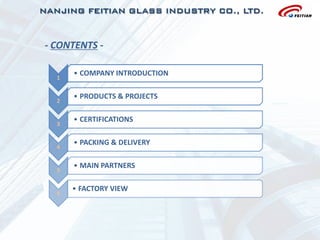 1
• COMPANY INTRODUCTION
2
• PRODUCTS & PROJECTS
3
• CERTIFICATIONS
4
• PACKING & DELIVERY
5
• MAIN PARTNERS
6
• FACTORY VIEW
- CONTENTS -
 