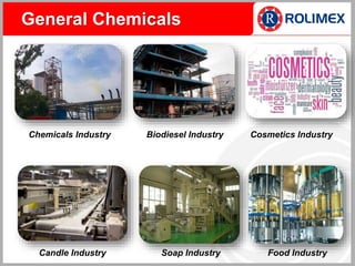 General Chemicals
Chemicals Industry Biodiesel Industry Cosmetics Industry
Candle Industry Soap Industry Food Industry
 