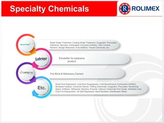 Road Dust Suppresant, Coal Dust Suppressant, Coal Spontaneous Combustion Inhibitor,
Biodiesel Catalyst, Industrial Cleaner, Drilling Chemicals, Coagulant, Flocculant, Decoloring
Agent, Antifoam, Defoamer, Bacteria, Enzyme, Calcium Carbonate Fine Grade, Hydrated Lime,
Coal Fire Extinguisher, Oil Spill Dispersant, Hand Sanitizer, Disinfectant, Resin
Emulsifier for explosive
product
Fire Brick & Refractory Cement
Boiler Water Treatment, Cooling Water Treatment, Coagulant, Flocculant,
Defoamer, Biocides, Antiscalant, Corrosion Inhibitor, Odor Control,
Nutrient, Sludge Reduction, Fuel Additive, Traced Chemicals, etc.
Specialty Chemicals
Etc.
 