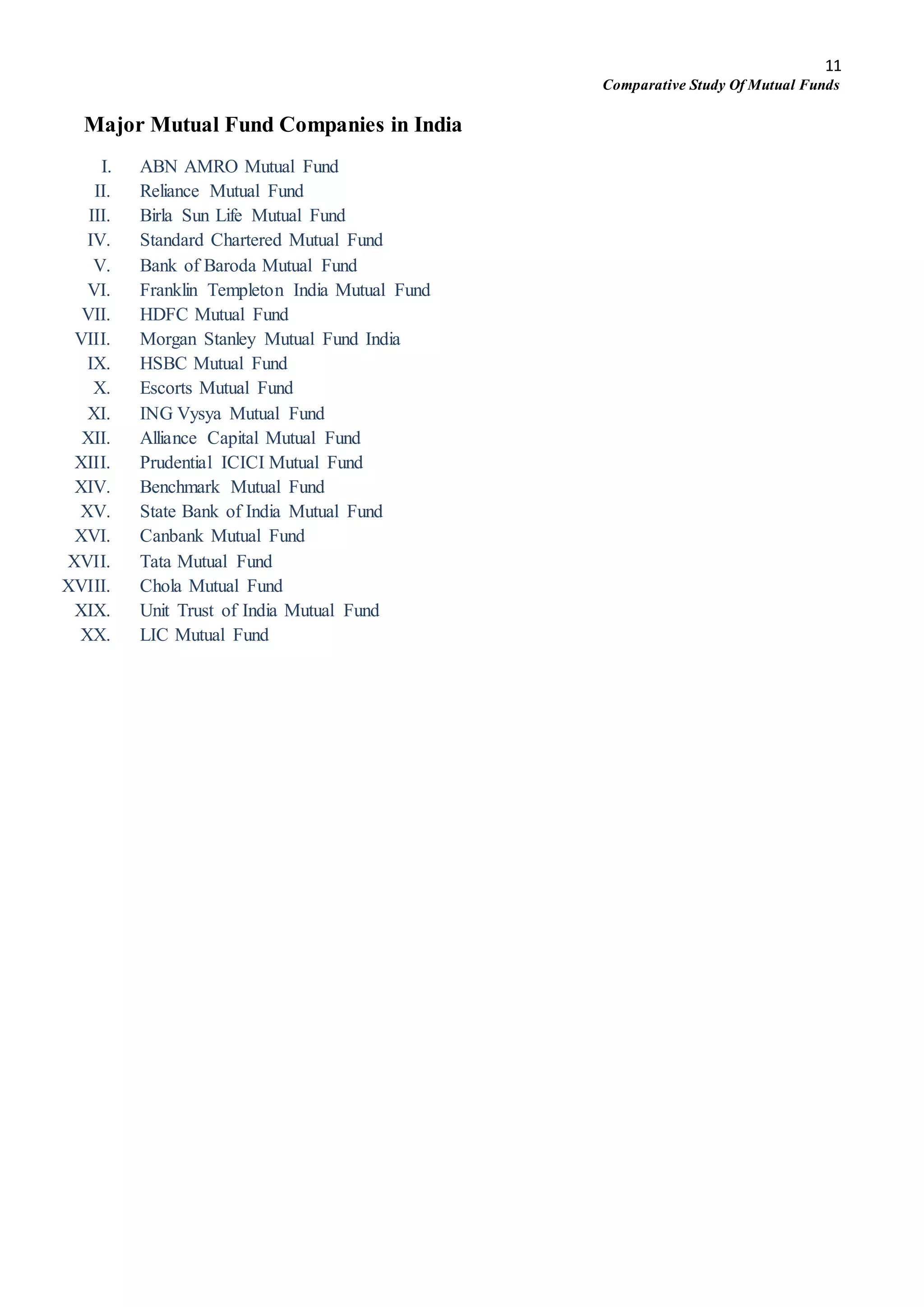 11
Comparative Study Of Mutual Funds
Major Mutual Fund Companies in India
I. ABN AMRO Mutual Fund
II. Reliance Mutual Fund
III. Birla Sun Life Mutual Fund
IV. Standard Chartered Mutual Fund
V. Bank of Baroda Mutual Fund
VI. Franklin Templeton India Mutual Fund
VII. HDFC Mutual Fund
VIII. Morgan Stanley Mutual Fund India
IX. HSBC Mutual Fund
X. Escorts Mutual Fund
XI. ING Vysya Mutual Fund
XII. Alliance Capital Mutual Fund
XIII. Prudential ICICI Mutual Fund
XIV. Benchmark Mutual Fund
XV. State Bank of India Mutual Fund
XVI. Canbank Mutual Fund
XVII. Tata Mutual Fund
XVIII. Chola Mutual Fund
XIX. Unit Trust of India Mutual Fund
XX. LIC Mutual Fund
 