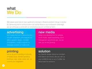 6
We believe great brands have signiﬁcant potential to inﬂuence positive change in society.
By harnessing brand communications for social inﬂuence and competitive advantage,
we can anticipate a world with an enriched social and commercial fabric.
what
We Do
advertising
from below-the-line, to above-the-line,
we plan, brainstorm, and execute our
skills in graphic design, concept,
photography, media to ensure the
message reached our audiences.
new media
design and development for website,
social media, digital advertising, event
management and phone app. we are
new, yet we are growing.
printing
we do all sorts of printing on all sorts
of media. book, banner, backdrop,
brochure, card, metal, wood, etc. do
not limit your imagination.
solution
we interpret design needs as a problem
that need to be solved. discuss with us
your problems over a cup of coffee. we
will provide the solutions.
 