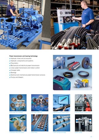 15
Power transmission and bearing technology
▪▪ Hydraulic hoses and accessories
▪▪ Hydraulic components and systems
▪▪ Pneumatics
▪▪ Mechanical and electrical power transmission
▪▪ Linear power transmission and motion control
▪▪ Conveyor belts
▪▪ Bearings
▪▪ Electrical and mechanical power transmission services
▪▪ Pumps and blowers
Engineering and motion controlFull range of bearingsShaft fixings and couplings
Chain drivesCustomised belts and pulleys Linear bearing technology System design
Customer-specific conveyor lines
 