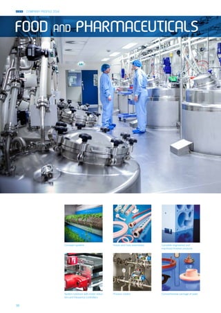 COMPANY PROFILE 2014
38
Hoses and hose assemblies
Process controlSystem solutions with motor reduc-
tors and frequency controllers
FOOD AND PHARMACEUTICALS
Complete engineered and
machined finished products
Comprehensive package of seals
Conveyor systems
 