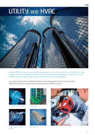 43
UTILITY AND HVAC
Numerous ERIKS products are used in large building projects, such as the construction of office premises, hotels,
hospitals, museums and institutes. These vary from electromechanical actuators for lifts, escalators, doors and
ventilation systems to plastic piping, hoses and valves in cooling and heating systems.
For example, Econosto makes a substantial contribution to the cooling system at the indoor ski slope in Dubai.
ERIKS UK is, furthermore, involved in the maintenance of pumps and electric actuators.
Door automation
Actuator for lifts and escalators
Complete range for building
projects
Piping systems
 