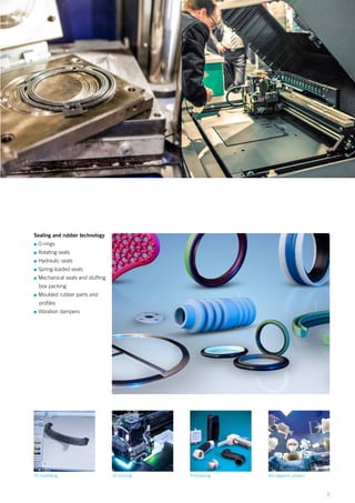 9
Prototyping Bio-hygienic plastics3D printing3D modelling
Sealing and rubber technology
▪▪ O-rings
▪▪ Rotating seals
▪▪ Hydraulic seals          
▪▪ Spring-loaded seals
▪▪ Mechanical seals and stuffing
box packing
▪▪ Moulded rubber parts and
profiles
▪▪ Vibration dampers                           
 