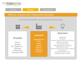 Offriamo Soluzioni per Infrastrutture Business
Da 30 anni Top Reseller con la passione per la tecnologia.
Prodotti
Server
Storage
PC, Tablet, ecc...
Software
Networking
Stampanti MFP
Aziende
Manifatturiere
CPG
Retail
Fashion
Banche
Logistica
Processo
...
Soluzioni
Networking
Hardware
Hosting, Disaster Recovery e Backup
Business Continuity
Servizi Sistemistici
Disegno/Sviluppo Architetture
Help Desk/End User
ManutenzioniSicurezza (fisica e logica)
Consulenza IT
Monitoring Sistemi e DB
Datacenter Site & Facility
 