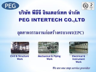 อุตสาหกรรมงานก่อสร้างครบวงจร(EPC)
บริษัท พีอีจี อินเตอร์เทค จำกัด
Civil & Structure
Work
Electrical &
Instrument
Work
Mechanical & Piping
Work
 