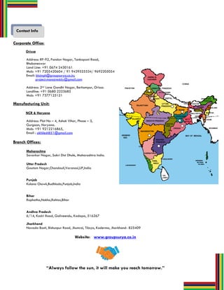 Contact Info
Corporate Office:
Orissa
Address: RP-92, Pandav Nagar, Tankapani Road,
Bhubaneswar
Land Line: +91 0674 2430161
Mob: +91 7205420604 / 91 9439525334/ 9692205054
Email: kksingh@groupsurya.co.in;
project.manojreddy@gmail.com
Address: 2nd Lane Gandhi Nagar, Berhampur, Orissa.
Landline: +91 0680 2223685
Mob: +91 7377125121
Manufacturing Unit:
NCR & Haryana
Address: Plot No – 4, Ashok Vihar, Phase – 3,
Gurgaon, Haryana.
Mob: +91 9212216865,
Email : akhilesh851@gmail.com
Branch Offices:
Maharashtra
Savarkar Nagar, Sakri Dist Dhule, Maharashtra India.
Uttar Pradesh
Gautam Nagar,Chandauli,Varanasi,UP,India
Punjab
Kulana Chowk,Budhlada,Punjab,India
Bihar
Rophatha,Nokha,Rohtas,Bihar
Andhra Pradesh
6/14, Kadri Road, Galiveendu, Kadapa, 516267
Jharkhand
Navada Basti, Bishunpur Road, Jhumrai, Tilaya, Koderma, Jharkhand- 825409
Website: www.groupsurya.co.in
“Always follow the sun, it will make you reach tomorrow.”
www.solar2roof.com
 